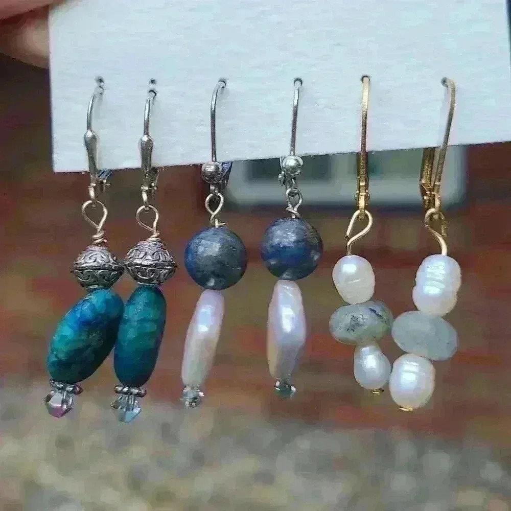 Vintage artisan handcrafted Dangl stones mothers of pearl turquoise earrings lot - Picture 8 of 12